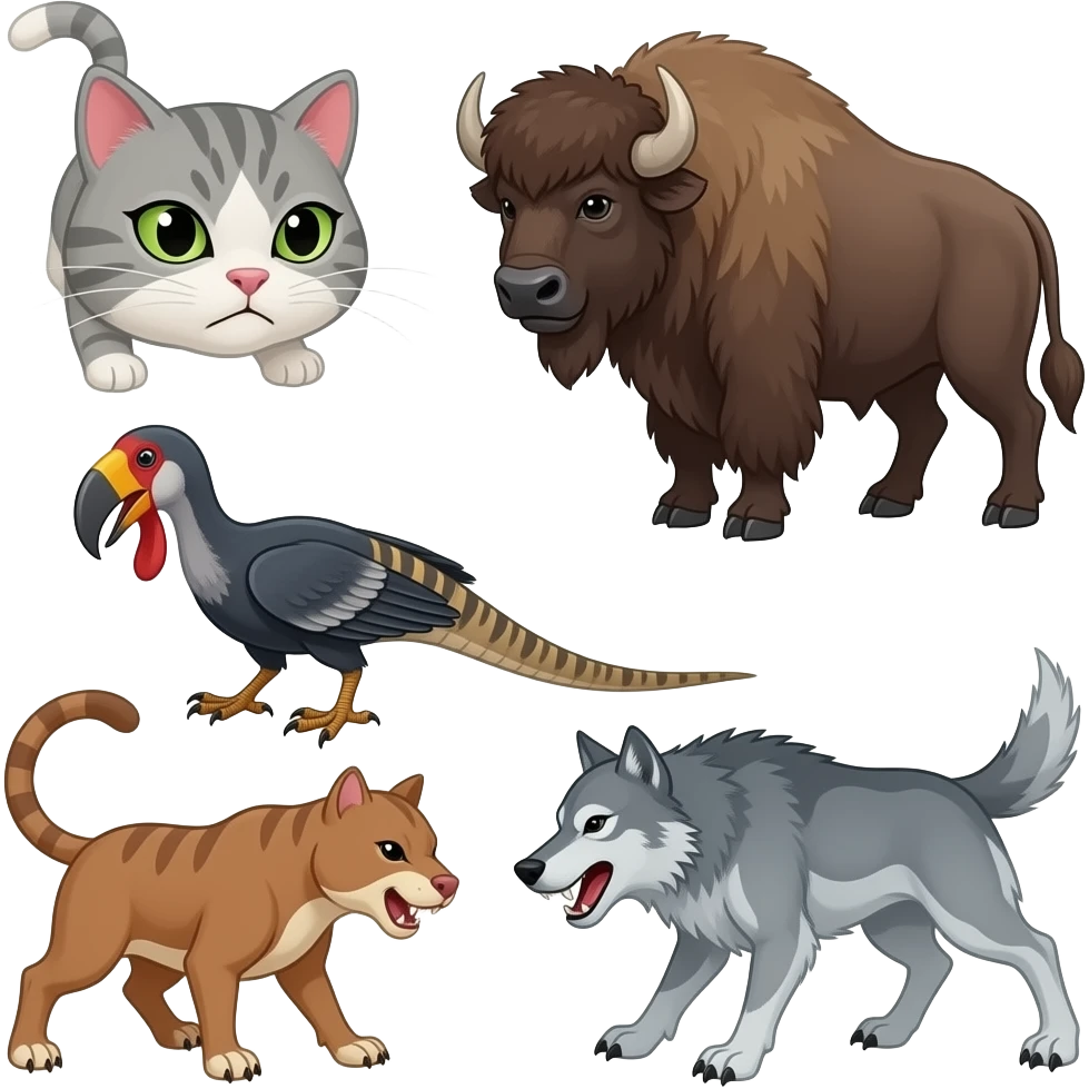Callous and Gilbert the cat and bison vs megalania,terror bird,smilodon,dire wolf battle emoji