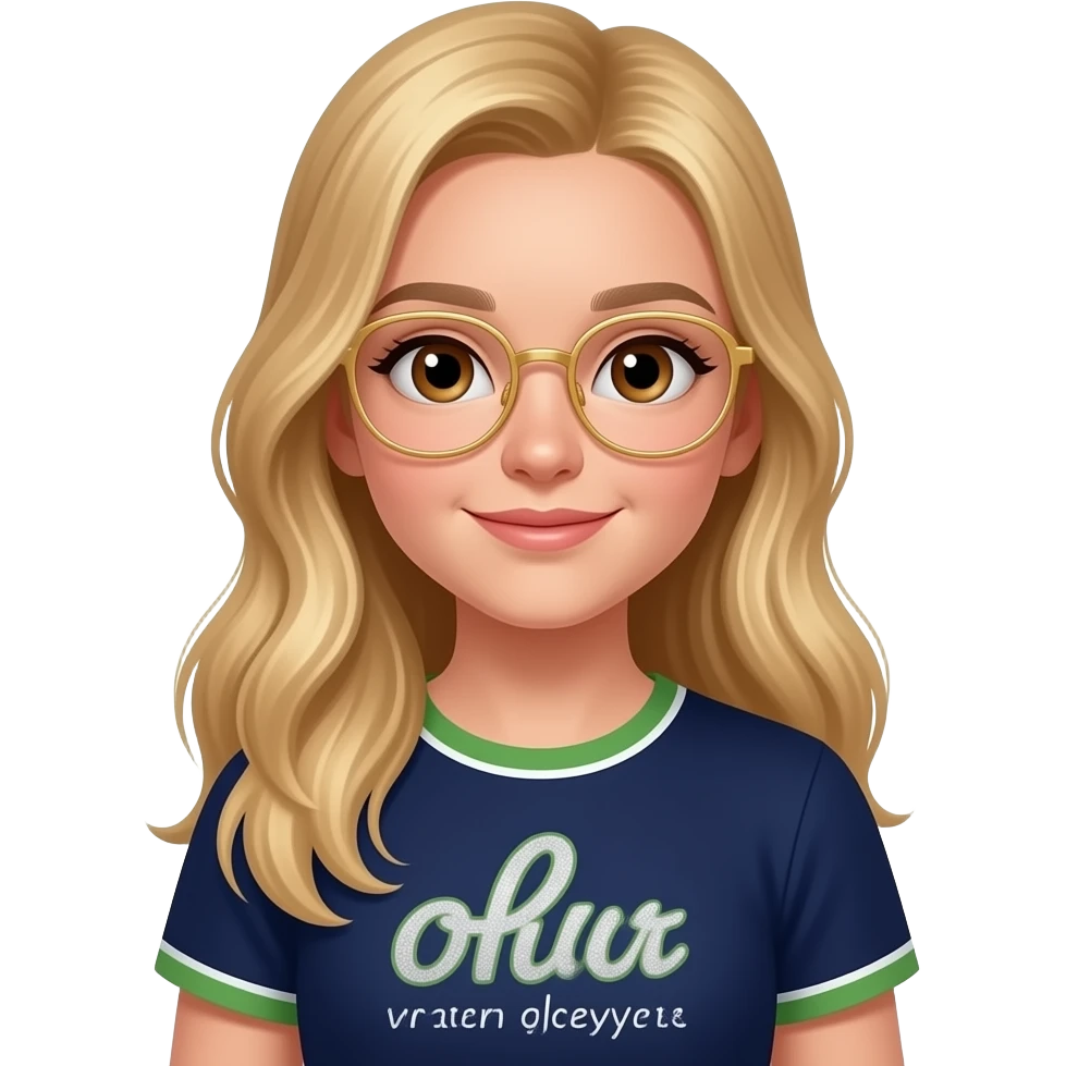 È una femmina ha i capelli biondi e lunghi  ha gli occhi marroni e ha gli occhiali oro ha 12 anni e adora la ginnastica artistica e la sua maglietta he blu scura un bordino verde e bianco con i glitter argento emoji