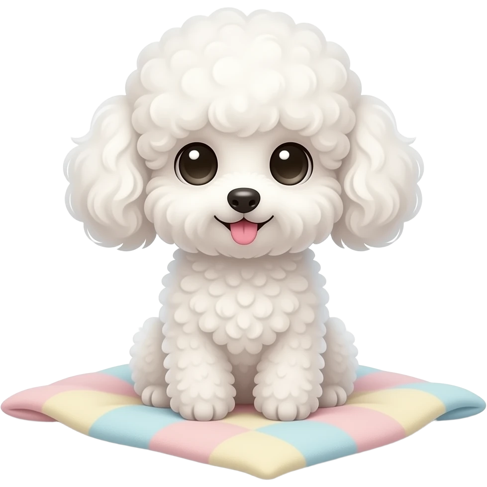 A cute fluffy white toy poodle sitting on a soft pastel blanket, huge sparkling eyes, curly fluffy fur, tiny pink tongue sticking out, cozy warm lighting, ultra adorable expression, detailed fur texture, soft shadows, kawaii aesthetic, high quality, centered composition emoji