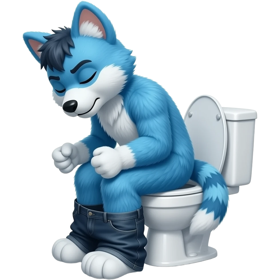 blue fursuit sitting on toilet, side view , pants down, pushing, eyes closed, straining face, emoji