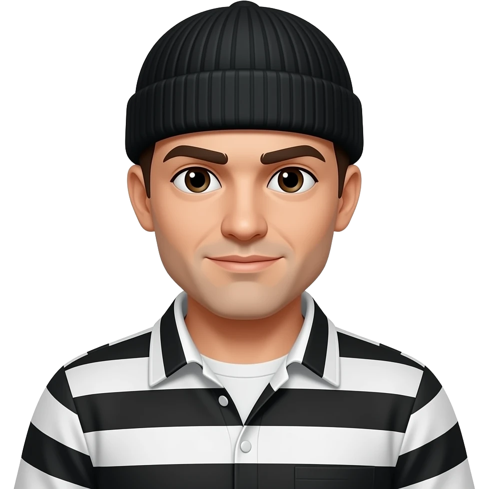 Robber emoji wearing a black and white striped suit with a black beanie emoji