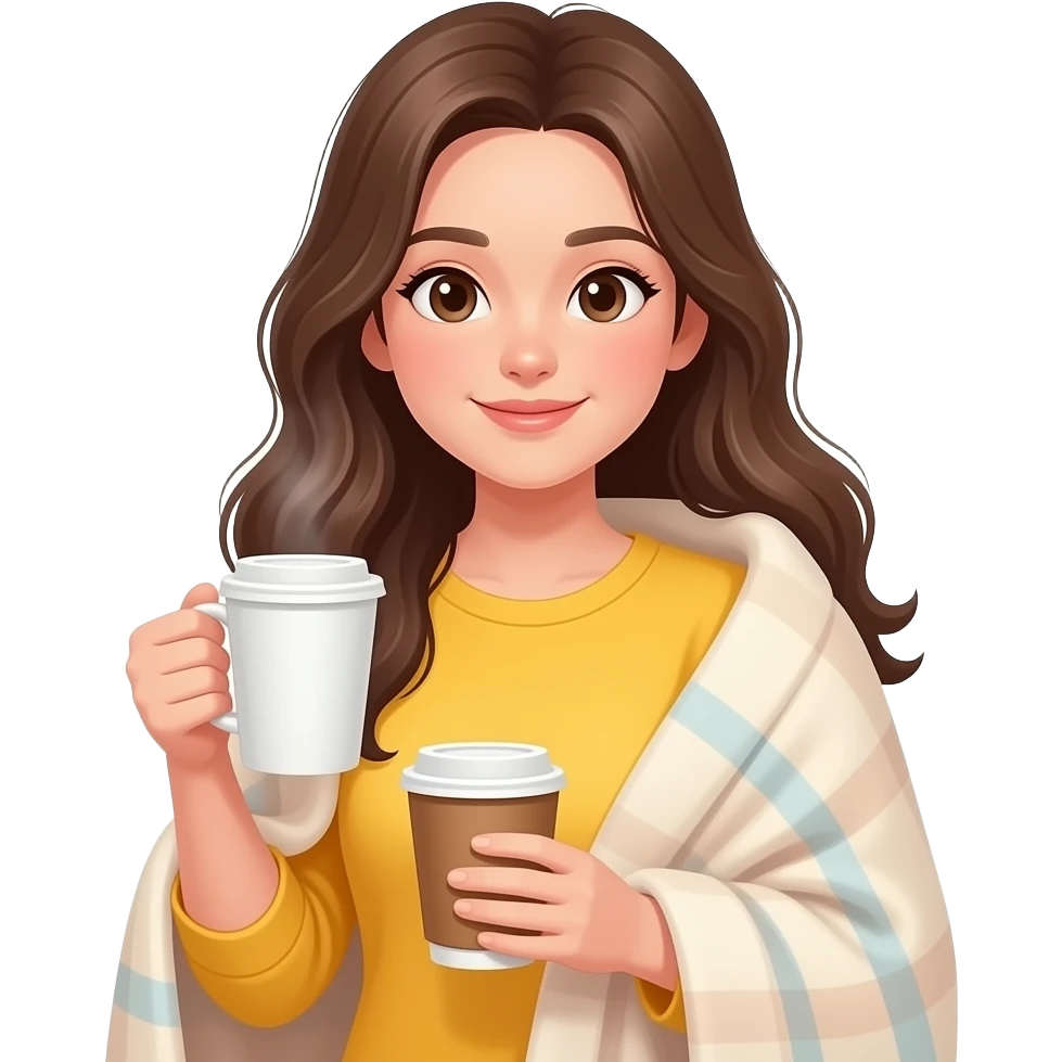 girl in yellow shirt drinking coffee with ablanket on emoji