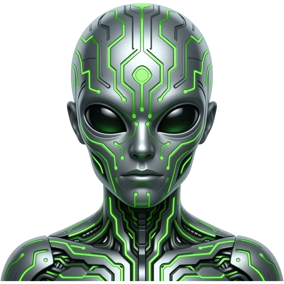Alien. Silver chrome futuristic green neon. emoji