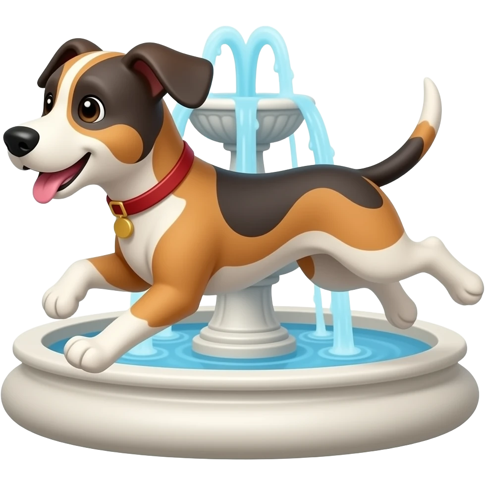 The dog runs around the fountain. emoji