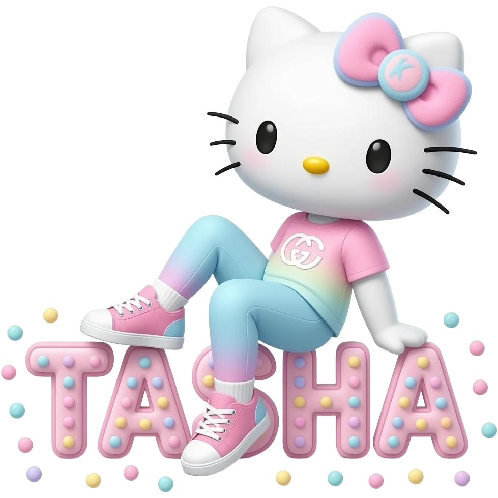 4D Velvety fur hello kitty wearing ombre white and blue and pink ombre pastel colored leggings and sneakers, and with the Gucci symbol on her ombre pastel bow sitting sideways leaning back on top of the velvety 3D outlined letters TASHA surrounded with tiny ombre pastel dots made of candy emoji