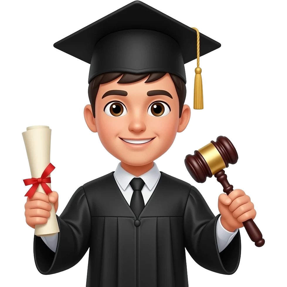 create me an emoji-style png of a white guy student with short black hair wearing a classic black graduation cap major, in a style of "criminal justice" major. In one hand hes holding a rolled up graduation paper, and in the other hand holding a item that represents the criminal justice major emoji