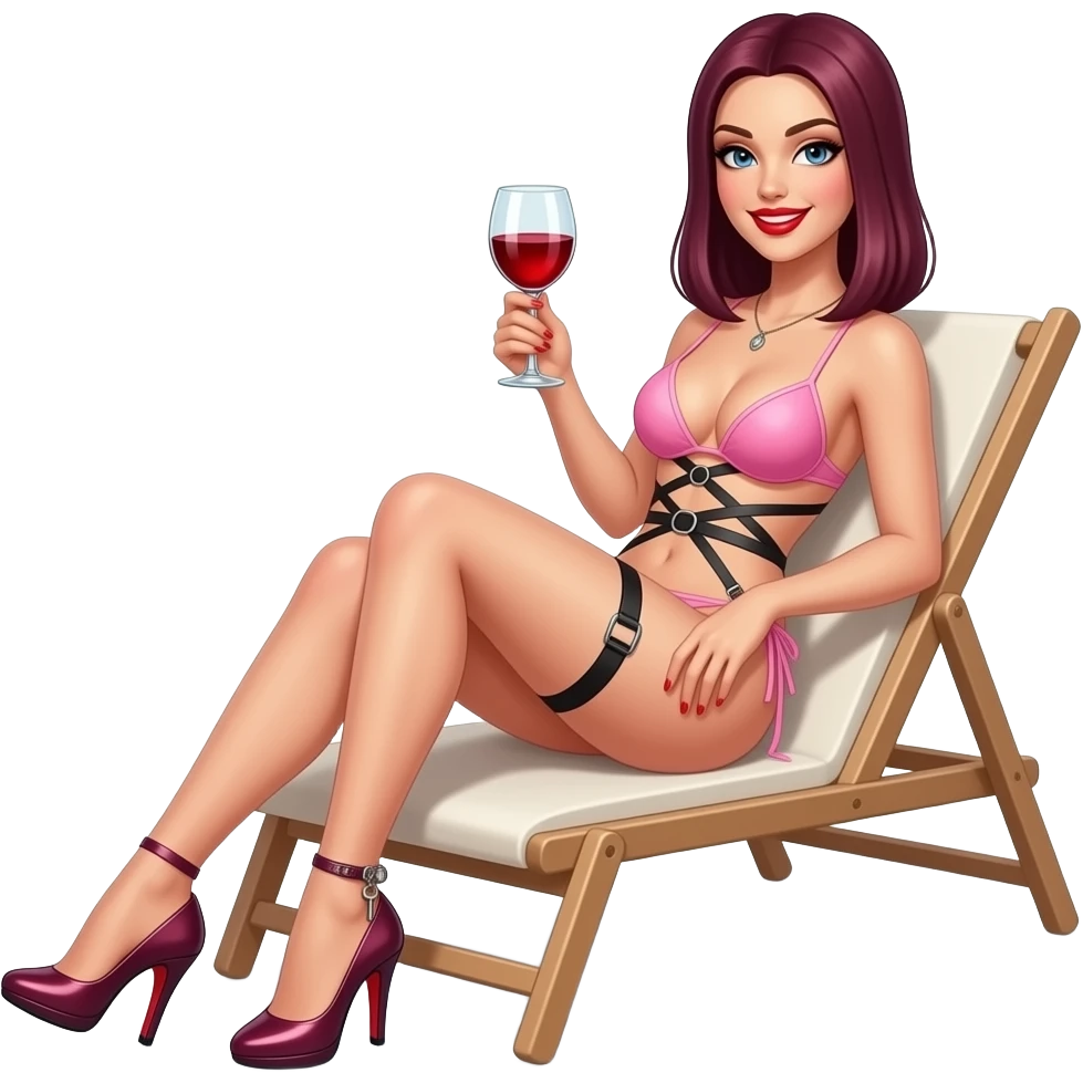 Woman. Burgundy, straight shoulder-length hair, sitting on a sun lounger. baby pink erotic bondage style bikini. very high fetish stiletto heels. bright red lipstick. smiling. Anklet with small key dangling off. glass of red wine in one hand. emoji