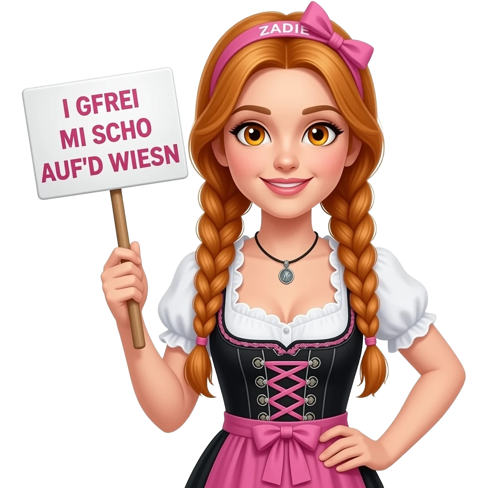 sexy girl with overlong ginger braids and ginger eyes wearing a black pink dirndl and a pink headband with ZADIE written on it, is holding a sign with I GFREI MI SCHO AUF'D WIESN written on it emoji