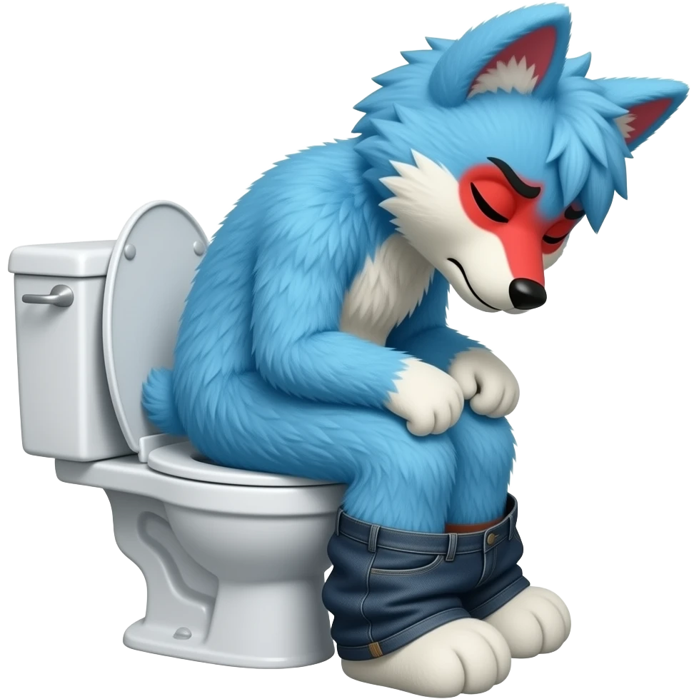 blue fursuit sitting on toilet, side view, pants down,  straining, red face, eyes close emoji