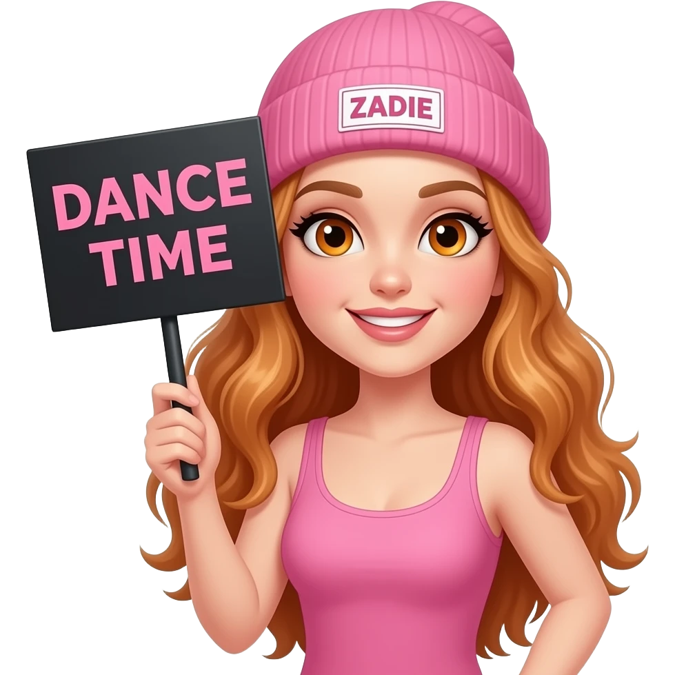sexy girl with overlong wavy ginger hair and ginger eyes wearing a pink tanktop and a pink beanie with ZADIE written on it, is holding a black sign with DANCE TIME written on it emoji