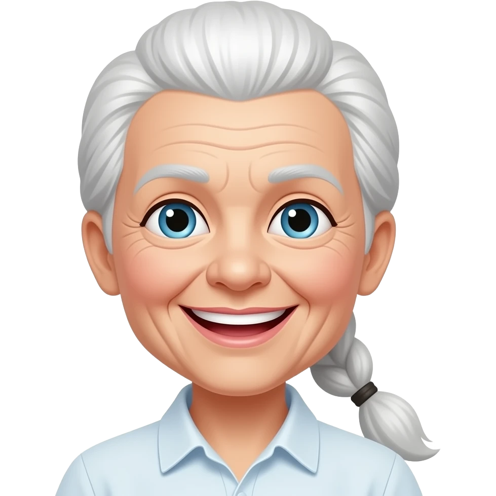 "An old lady with her long white hair gathered into a ponytail is beaming with a bright smile. emoji