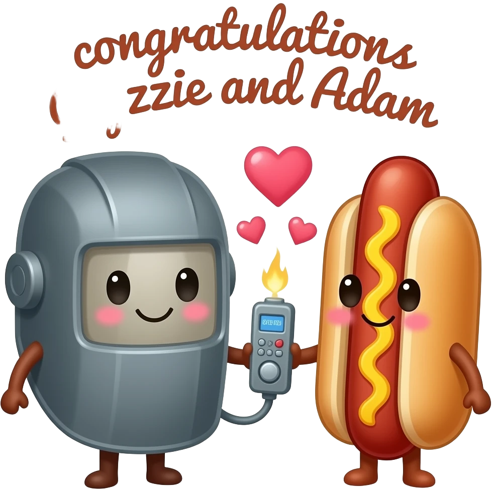 Cutesy welding helmet with a face and cutesy hotdog with a face are in love, holding an ultrasound, letters above say "congratulations Glyzzie and Adam" emoji