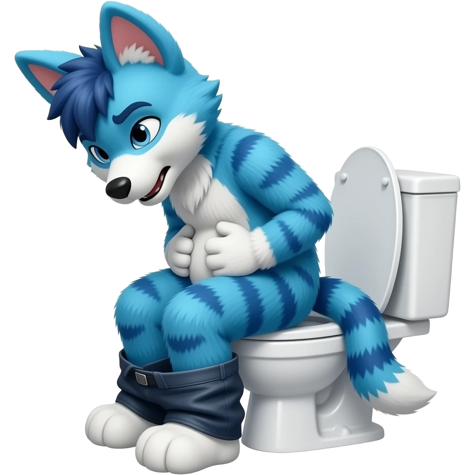 blue fursuit sitting on toilet, side view, pants down, hands on stomach, straining emoji