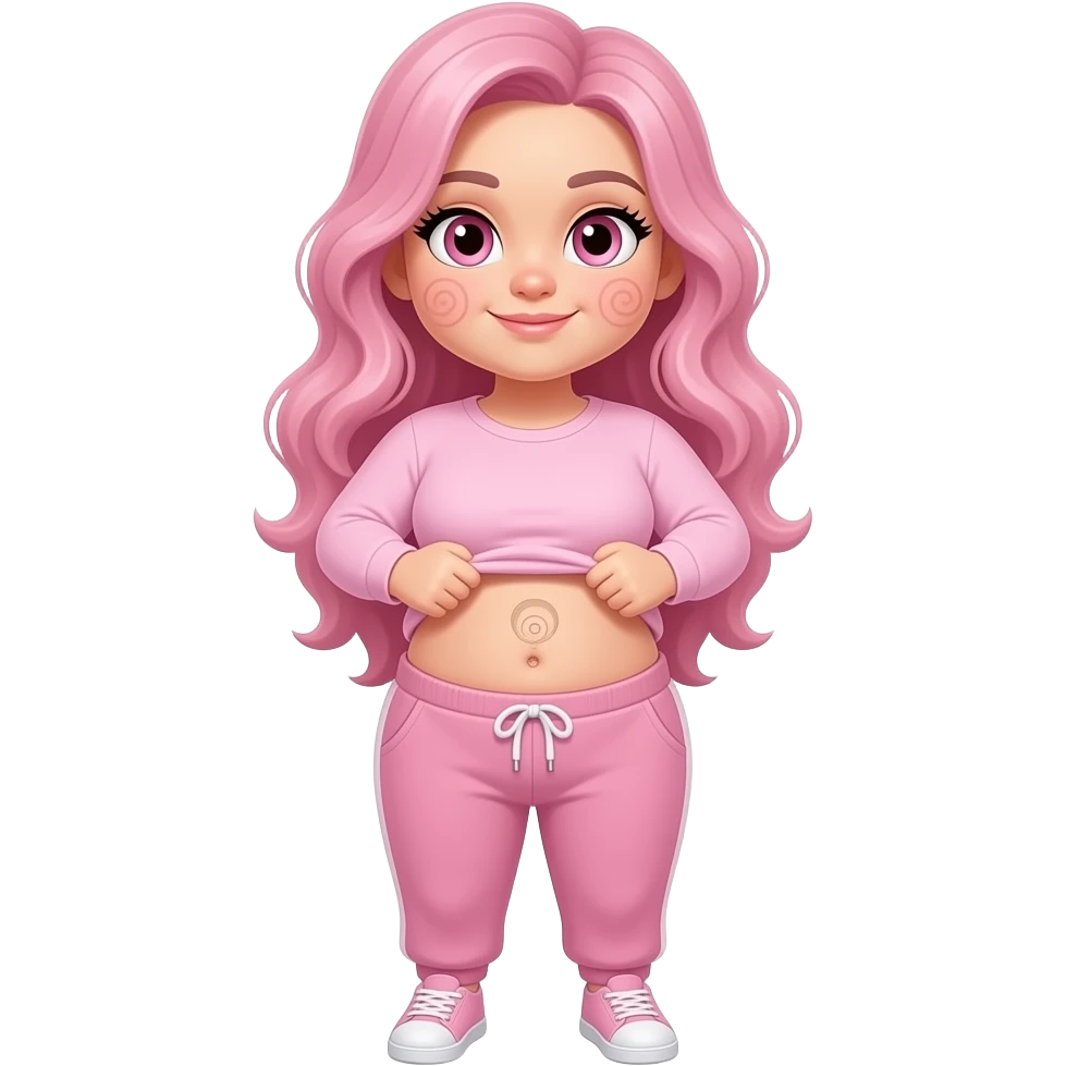 White fat girl pink eyes light pink swirly long hair pink swirl cheeks light pink plain long sleeve shirt light pink sweat pants light pink shoes lifting her shirt showing swirly belly button emoji
