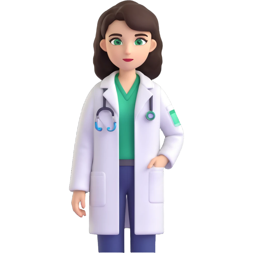 A brunette with dark green eyes in a science lab coat emoji