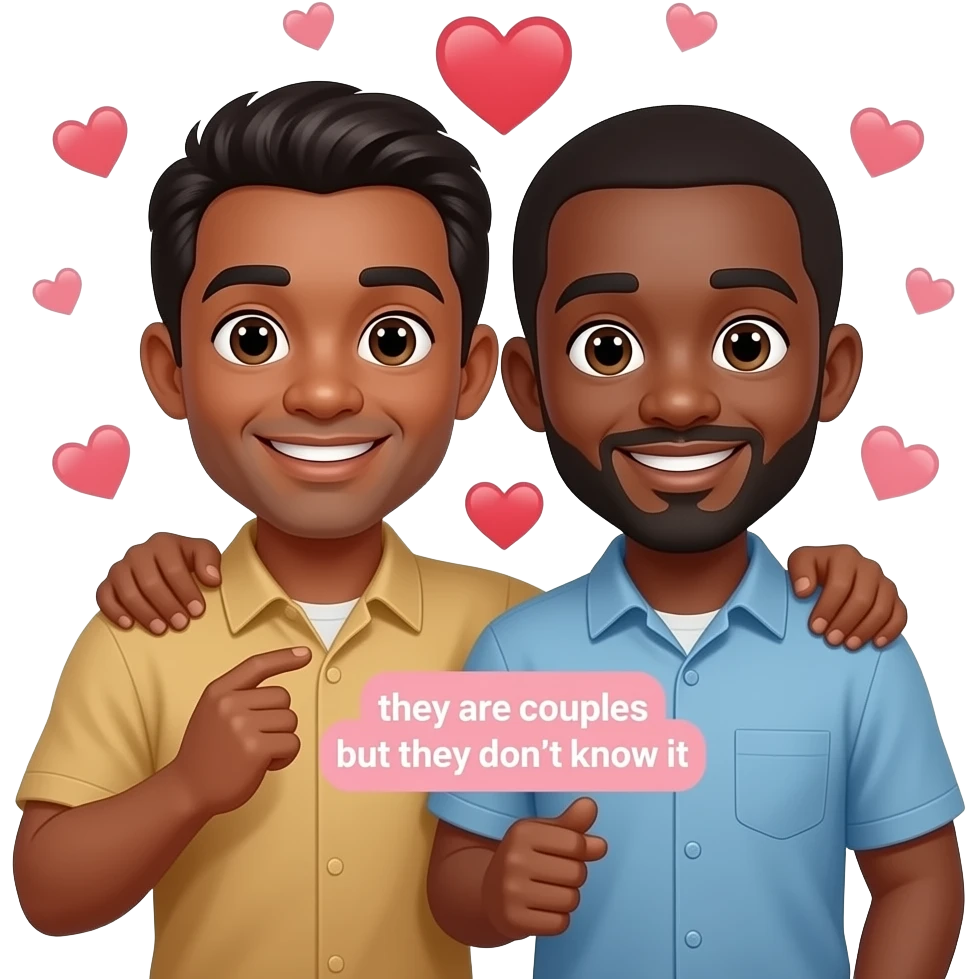 dos hombres de piel morena sonrientes en secreto con un fondo de corazones dispersos, como si fueran novios en la vida real pero en redes sociales son solo 'amigos', y que diga entre ellos: 'sí son novios pero no lo saben'. Cute pero con humor. emoji