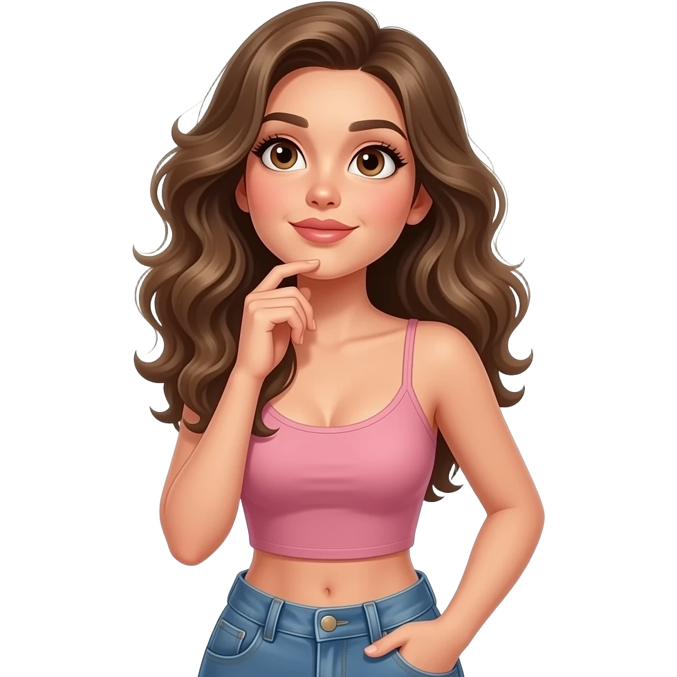 Woman thinking and looking up wearing dusty pink crop top with jean pants. Brown eyes and dark blonde wavy fluffy hair. Very sexy and seducing eye look emoji