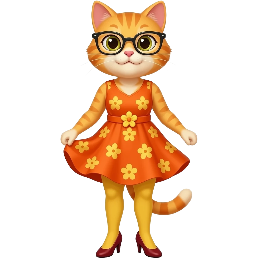 Mrs.Kat(Wolfoo's Teacher(Orange-Yellow Mother Cat Of Kat(With Orange Short Dress With Yellow Flowers Without Plants Without Sleeves With Tiny Orange Belt With Yellow Flowers Without Plants, Dark Red High Heels Shoes, Black Eyeglasses And Visible Yellow Shorts(Like Leggings))))And Wind Lifts Dress. emoji
