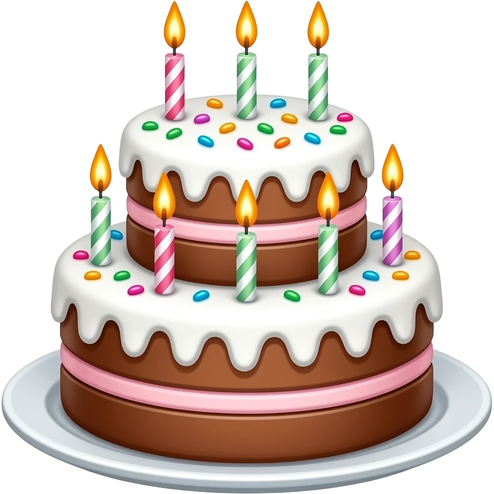 festive two-story cake (white icing on top, pink bottom, brown cakes) with candles (five on the lower floor and 3 on the upper floor) and sprinkles, there is no plate emoji
