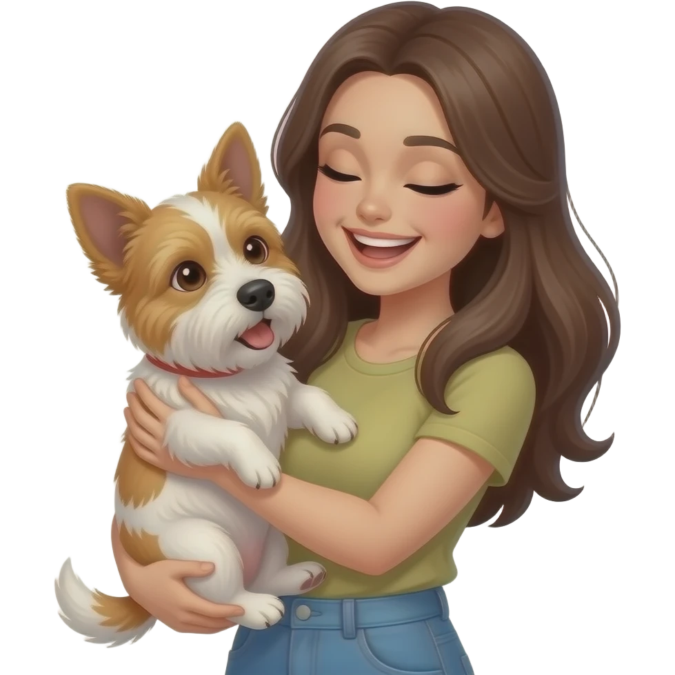 “Una mujer joven abrazando a un perro pequeño y hablándole de forma tierna como si fuera un bebé. Ella tiene una expresión exageradamente cariñosa y el perro la mira feliz y se miran felices. Ambiente cálido, divertido y tierno.” emoji