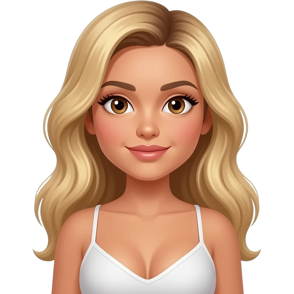 Latina with blonde hair and minimal brown roots, tan skin, brown eyes and lashes, rosy cheekbones. Very big round chest, and very perky emoji