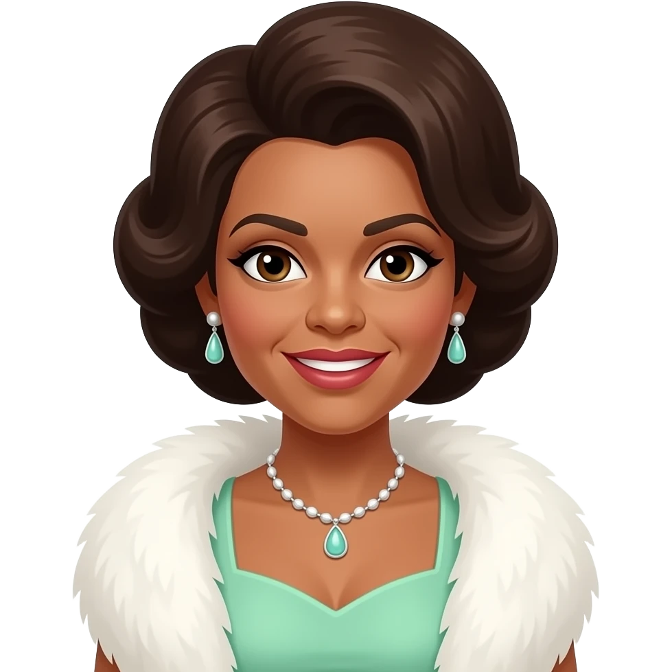 Florence Ballard with brown eyes, dark brown beehive hair, mint green dress, white fur shawl, necklace and earrings emoji