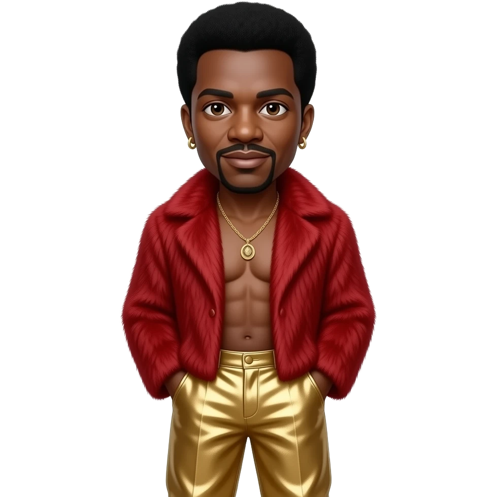 Ronald Isley with brown eyes, black short afro hair, crimson fur shawl, gold metallic baggy pants, shirtless with necklace and earrings emoji