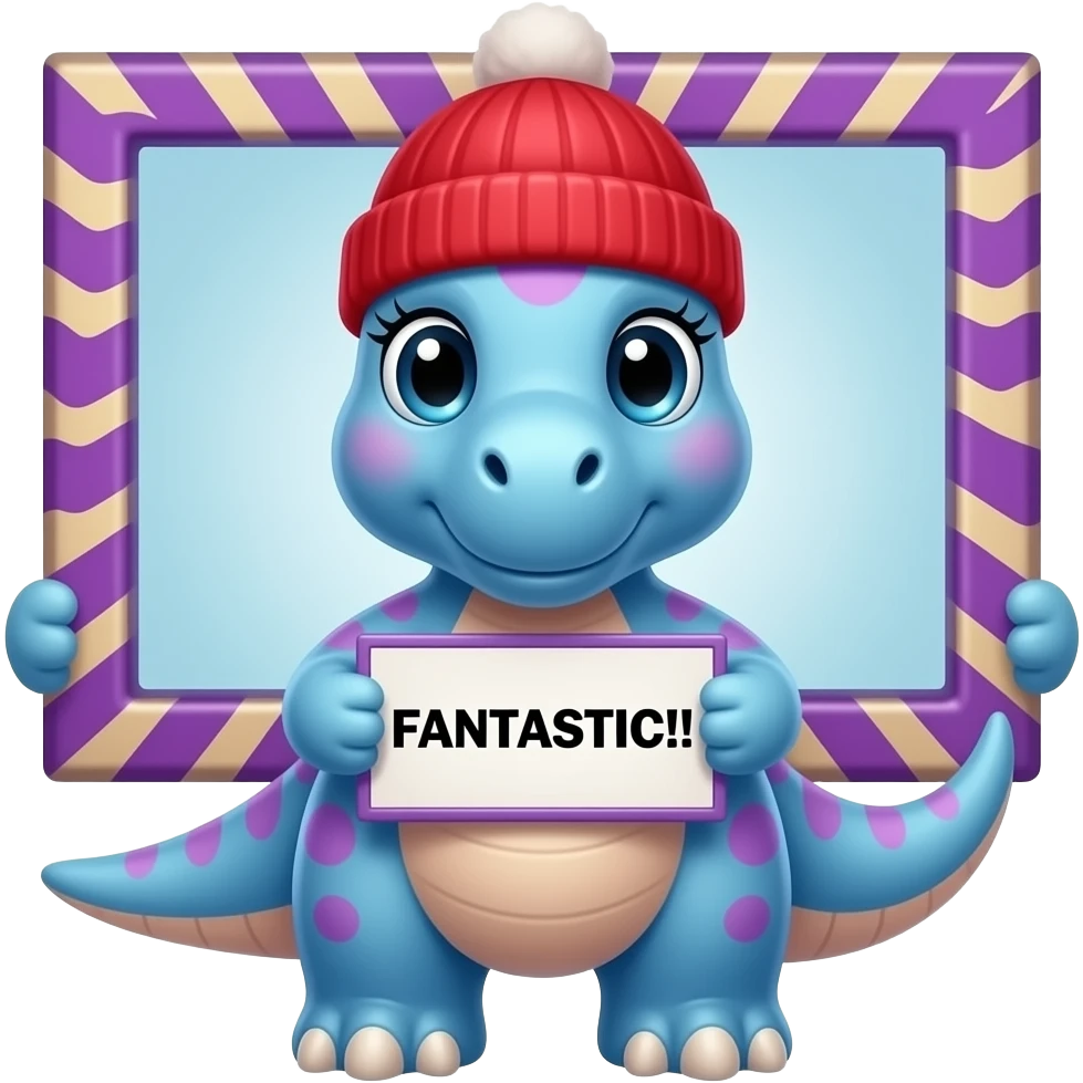 Create a super cute kawaii blue and pink gradient Animal which Looks Like a Brachiosaurus facing front with big eyes and long eyelashes and with a red winter hat holding a colorful purple zig zag frame sign with in front of its chest that says in a funny black font "FANTASTIC!!!"  Add a black border emoji
