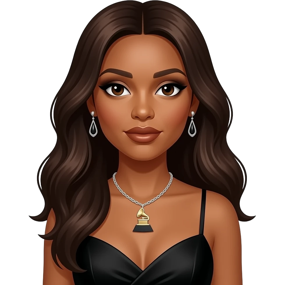 Solange with dark brown eyes, long dark brown hair, black eyeshadow, bronze lipstick, black Grammy dress, necklace and earrings emoji