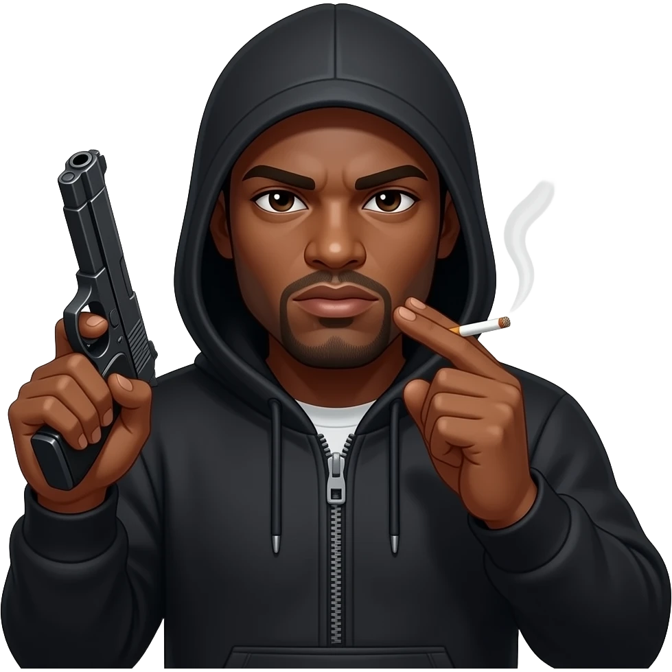 A gangster with a black hoody and a gun and cigarettes dark skin emoji