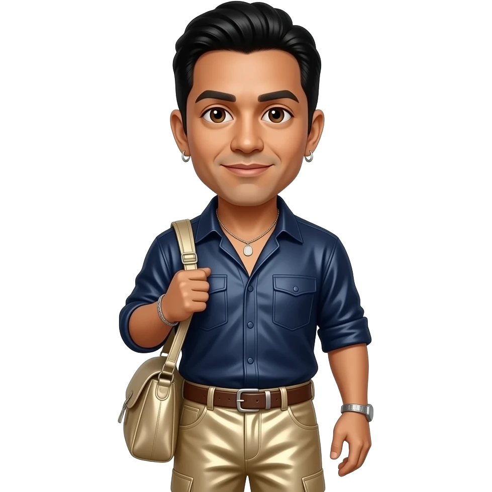 Chino Moreno with brown eyes, black hair, navy metallic shirt, beige metallic baggy pants, necklace emoji