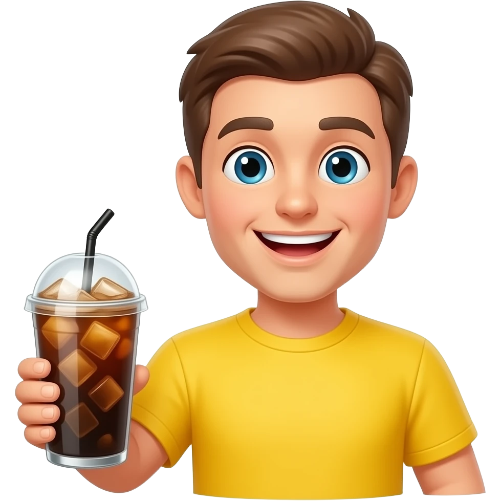 iOS Apple emoji style, glossy yellow cheerful face 😄 holding tall iced coffee glass. emoji