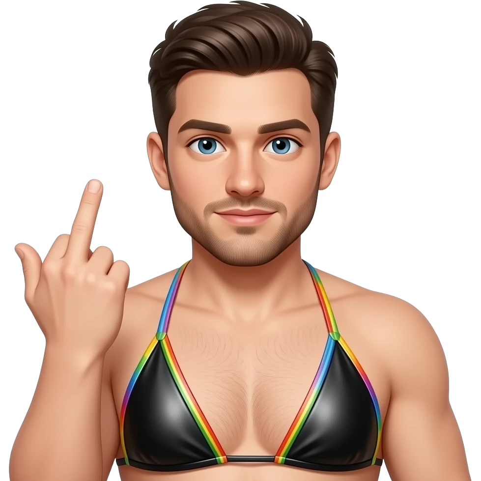 Gay dude in leather bikini rainbow fingering his other hand emoji