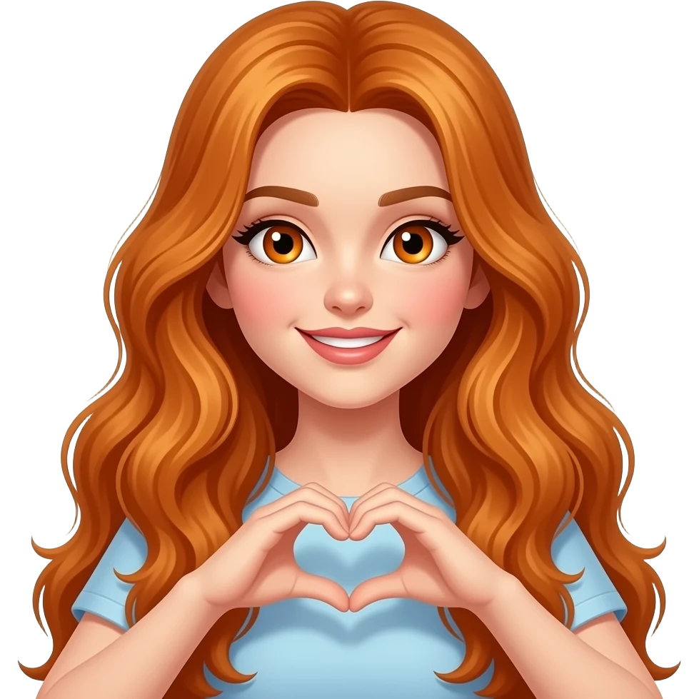 sexy girl with overlong wavy ginger hair and ginger eyes is making a heart with her hands emoji
