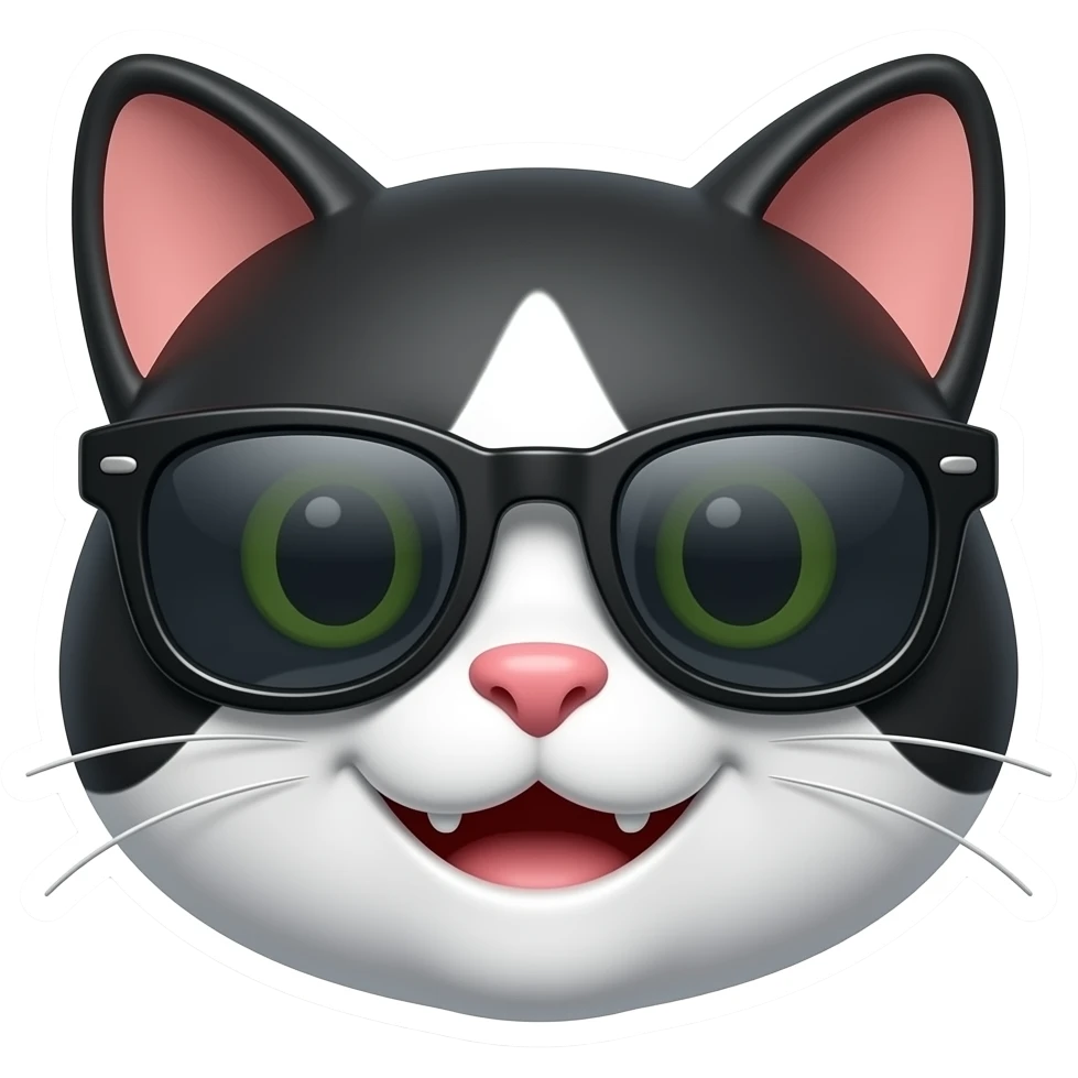 Cool cat emoji wearing sunglasses, confident smile, black and white fur, stylish 3D emoji sticker, clean white background emoji