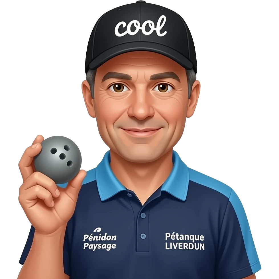 tête homme 50 ans sous casquette noire marquée "cool" avec boule de pétanque grise sur maillot bleu foncé avec col trois boutons bleu clair épaules bleu clair coté droit Pétanque LIVERDUN, côté gauche "Péridon Paysage" emoji