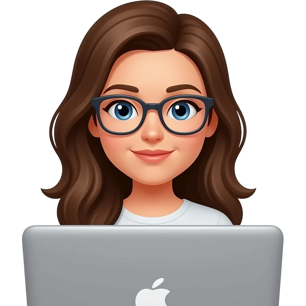 woman with long brown hair working behind her laptop with glasses emoji
