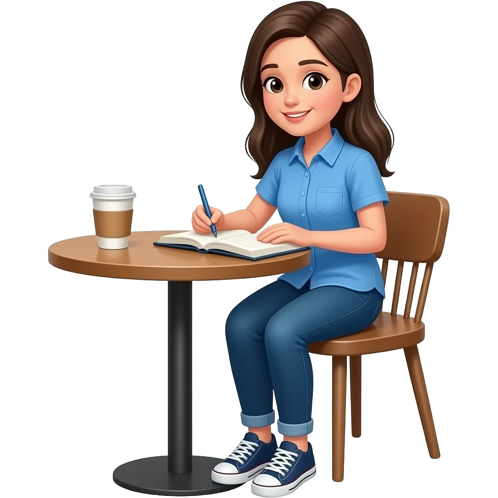 girl in blue shirt studying in coffee shop emoji