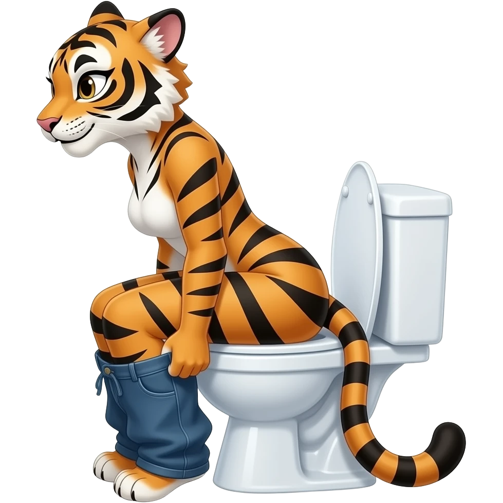 Female tiger furry person woman,sit on toilet pants down,fursona,side view emoji