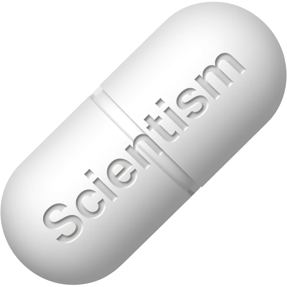 A single white solid oblong pill with "Scientism" engraved in it at a 45 degree angle emoji