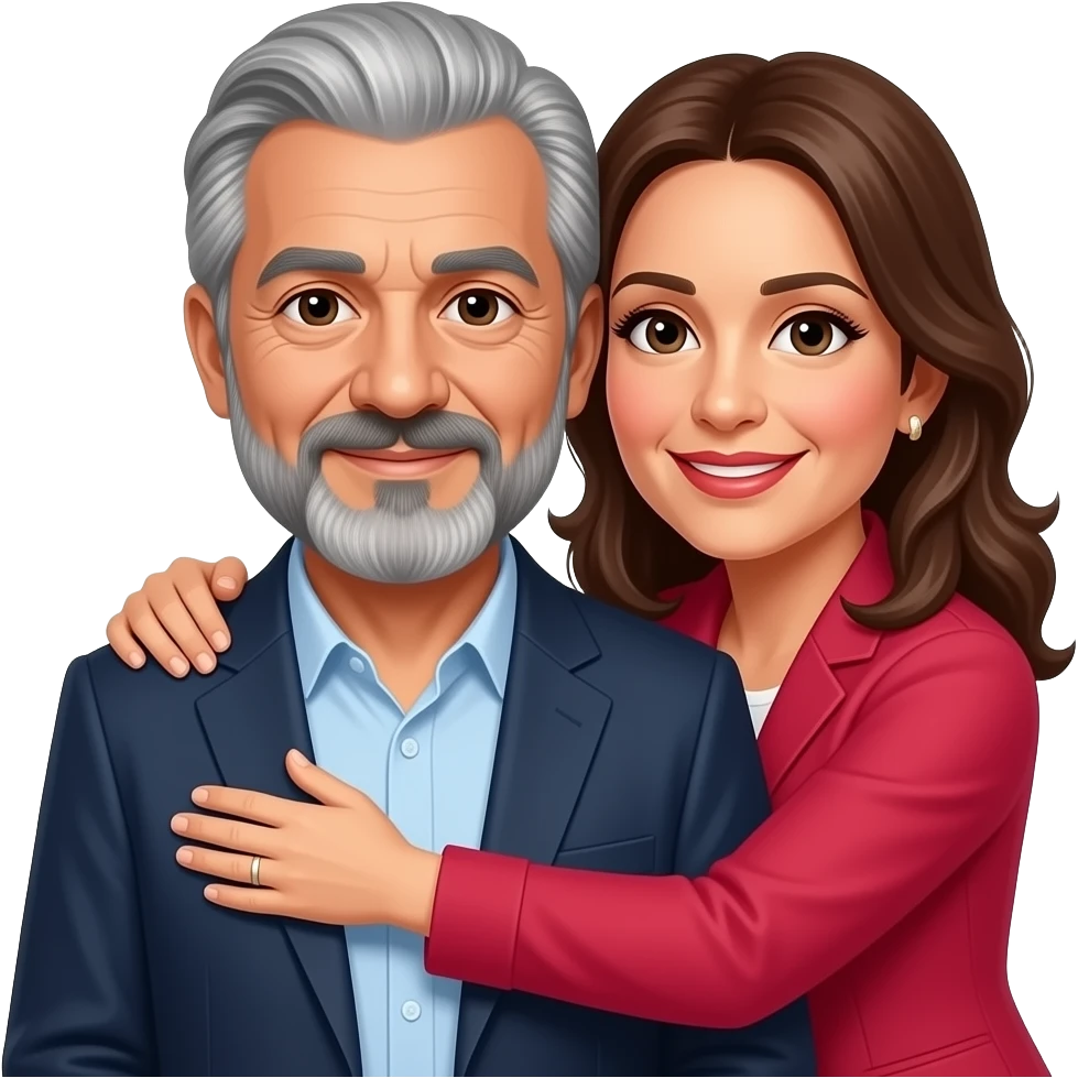 genera un emoji de claudia sheibaum abrazando a un hombre de la tercera edad con bigote medio negro con canas al igual que su pelo emoji