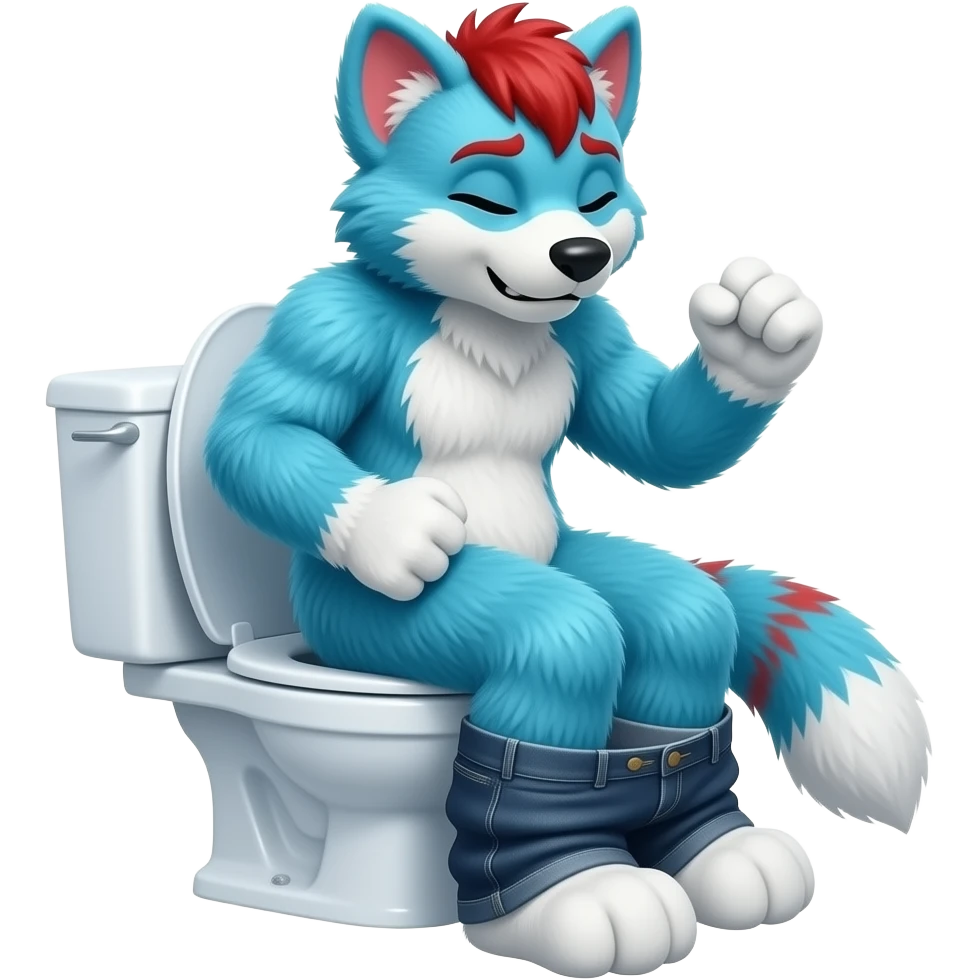 blue furry fursuit sitting on toilet, side view, pants down, straining face, eyes closed, pushing, squeezing, both fists, straining, red face emoji