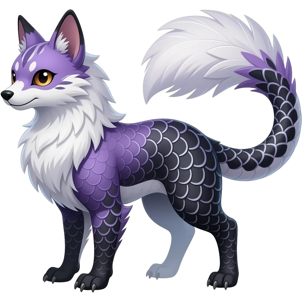 Grunge-patterned speckle-patterned feathery elegant realistic Furry, feathery fluffy tropical flecked painted feathery scaly, Purple, white, black, Minccino-Bambino-Lykoi-Linoone-Zangoose-fusion-hybrid-animal-Fakémon-creature, full body, thin long sleek scaly tail, intricate markings emoji