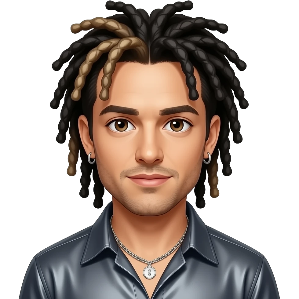 Chris Kirkpatrick from NSYNC with brown eyes, black 90s pineapple ponytail dreads with white-blond highlights, dark grey metallic shirt, necklace and earrings emoji