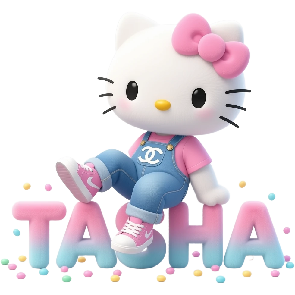 4D Velvety fur hello kitty wearing ombre white and blue and pink ombre pastel colored jeans and sneakers, and with the Chanel symbol on her ombre pastel bow sitting sideways leaning back on top of the velvety 3D outlined letters TASHA surrounded with tiny ombre pastel dots made of candy emoji
