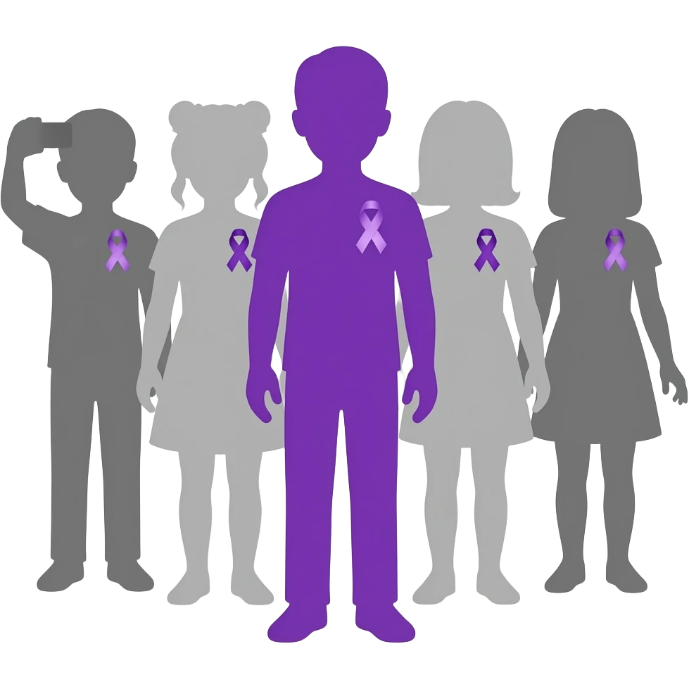 iOS-style emoji: group of human silhouettes (boys and girls) taking a photo, each wearing a small purple ribbon for fibromyalgia awareness, with one silhouette fully purple standing out, soft gradients, cute and minimal, transparent background emoji
