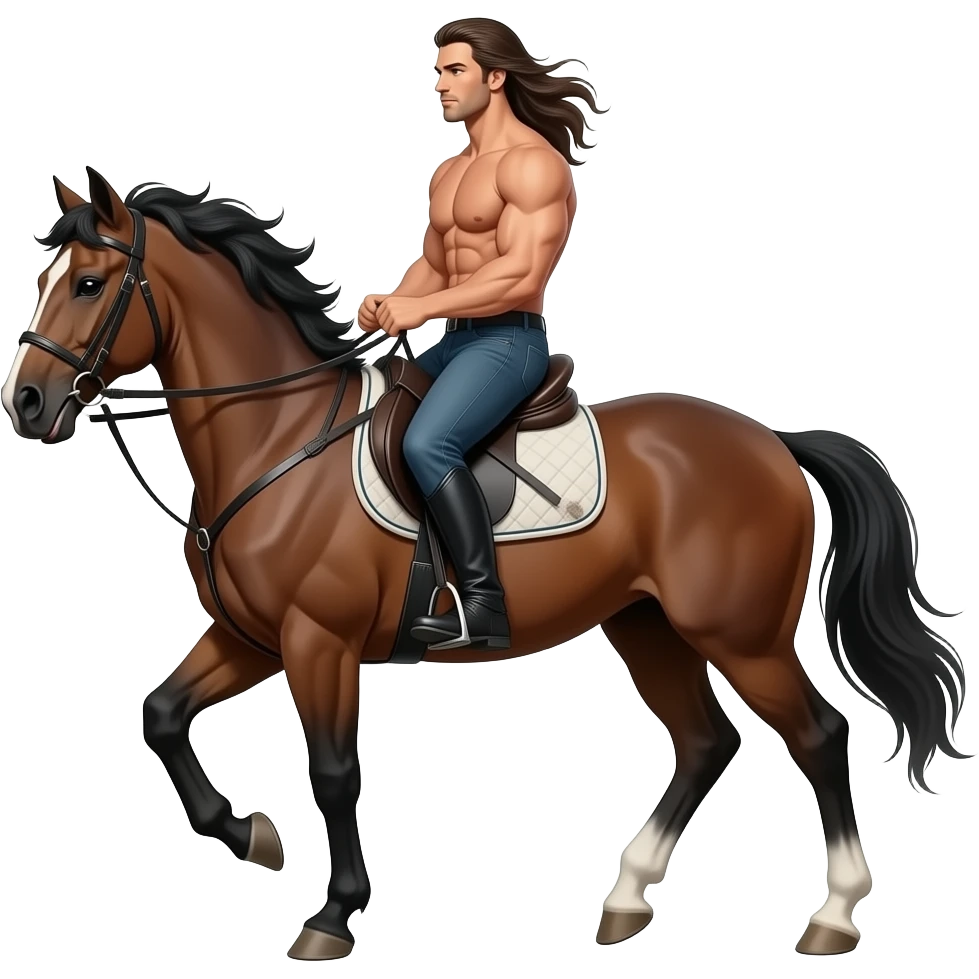 A Strong well built man riding a horse with Long hair in the wind blowing and his left Face Side showing to the viewer emoji