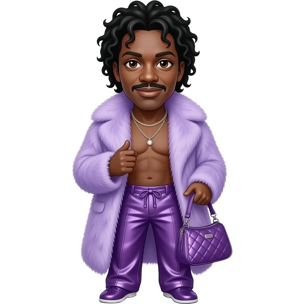 Ike Turner with brown eyes, black hair, lavender fur shawl, lavender metallic baggy pants, shirtless with necklace emoji