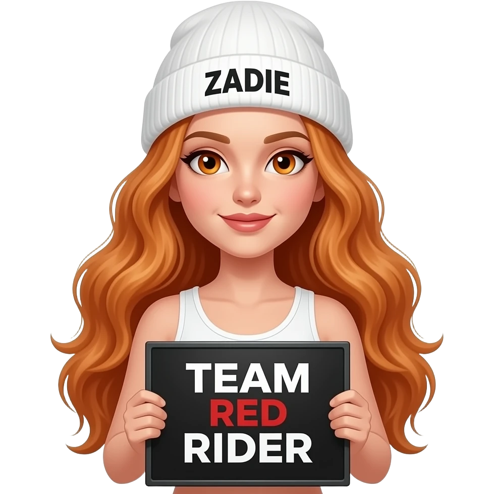 sexy girl with overlong wavy ginger hair and ginger eyes wearing a white tanktop and a white beanie with ZADIE written on is holding a black sign with just TEAM RED RIDER on it emoji