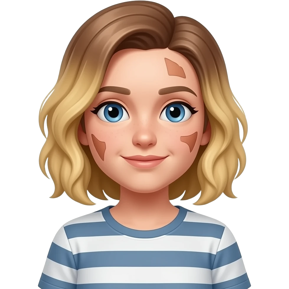 a person who has dirty blonde  brown hair , blue eyes , short, and a belly shirt emoji